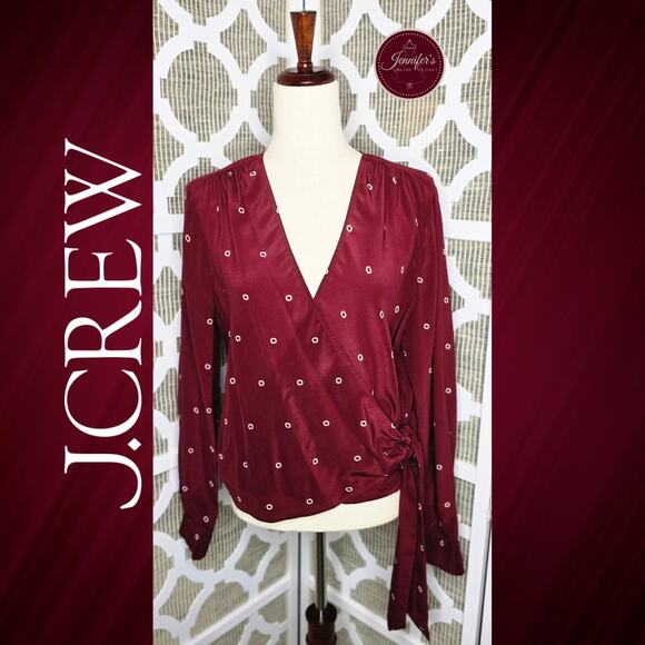 J. Crew Tops - J. Crew Burgundy Maroon Wine Silk Long Sleeve Wrap Blouse Size Large